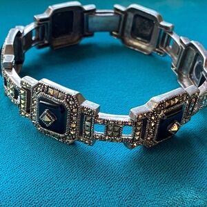 Vintage 925 Sterling Silver Marcasite Black Onyx Panel Deco Bracelet 8 3/8"